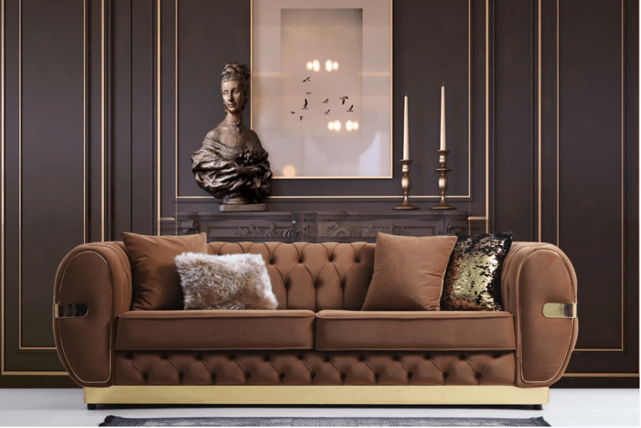 Brązowa sofa z pikowaniem w stylowym, ciemnym wnętrzu